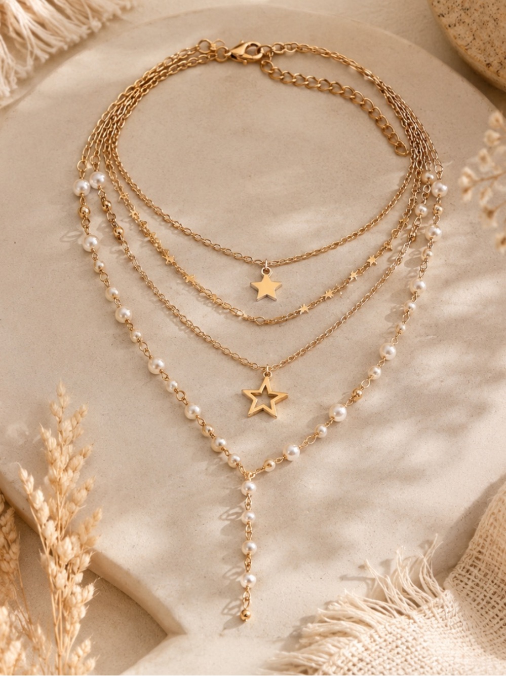 Layered Pearl & Star Y Necklace Set | Boho Gold Tone Statement Jewelry